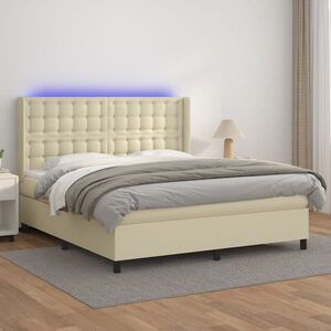 Imagine vidaXL Pat cu arcuri, saltea și LED, crem, 160x200 cm, piele ecologică