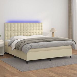 Imagine vidaXL Pat cu arcuri, saltea și LED, crem, 160x200 cm, piele ecologică