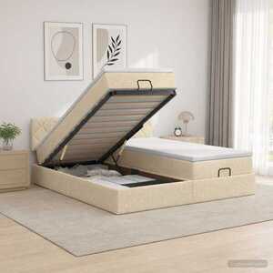 Imagine vidaXL Pat ottoman cu saltea cu headboard 2 buc. Crem Țesătură