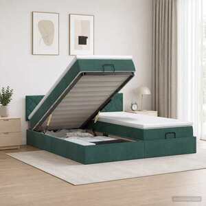 Imagine vidaXL Pat ottoman cu saltea cu headboard 2 buc. Verde închis Catifea