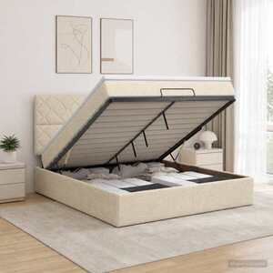 Imagine vidaXL Pat ottoman cu saltea cu headboard Crem 180 x 200 cm Țesătură