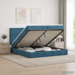 Imagine vidaXL Pat ottoman cu saltea Albastru închis 200 x 200 cm Catifea