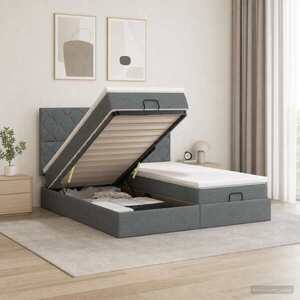 Imagine vidaXL Pat ottoman cu saltea cu headboard 2 buc. Gri închis Țesătură