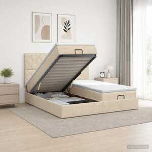 Imagine vidaXL Pat ottoman cu saltea cu headboard 2 buc. Crem Țesătură