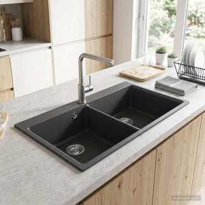 Imagine vidaXL Chiuvetă de bucătărie cu bazin dublu Granite 86 x 51 x 30 cm