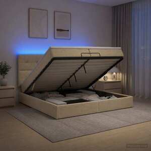 Imagine vidaXL Pat Ottoman cu Saltea și LED Crem 200 x 200 cm Țesătură