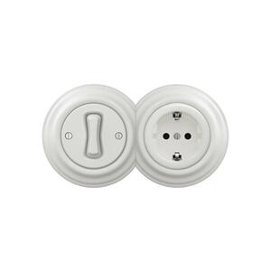Imagine Reblig - Întrerupător retro unipolar nr. 1 și priză SCHUKO 230 V cu ramă ceramică albă