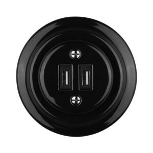 Imagine Reblig - Priză USB retro din porțelan, cu ramă, 2x USB-A, neagră