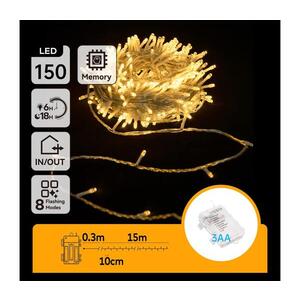 Imagine – Ghirlandă LED pentru exterior, 150 LED, 8 funcții, alimentare 3xAA, 15, 3 m, IP44, alb cald
