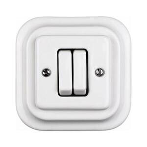 Imagine Elhard - Întrerupător dublu retro din ceramică pentru scară, cu ramă nr. 6+6, alb