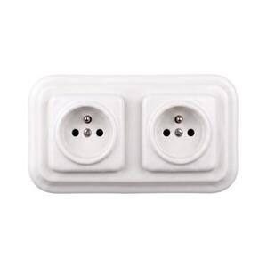 Imagine Elhard - Priză dublă ceramică retro de perete, cu ramă, 230V, albă