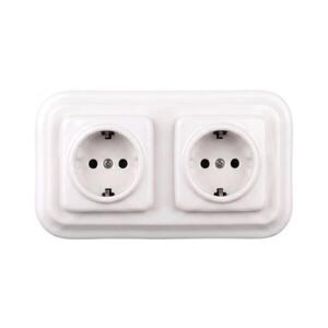 Imagine Elhard - Priză dublă ceramică retro cu ramă SCHUKO, 230 V, albă