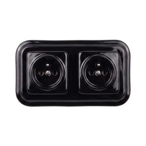 Imagine Elhard - Priză dublă ceramică retro pentru uz casnic, cu ramă, 230V, neagră