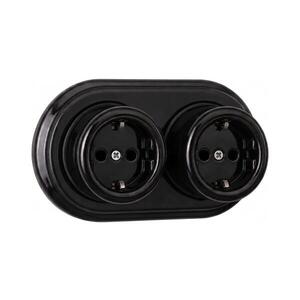 Imagine Elhard - Priză dublă ceramică retro pentru uz casnic, cu ramă, SCHUKO 230V, neagră