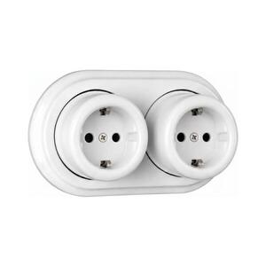 Imagine Elhard - Priză dublă ceramică retro de perete, cu ramă, SCHUKO 230V, albă