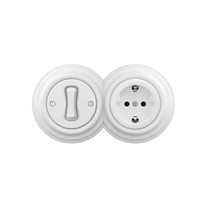 Imagine Reblig – Întrerupător retro unipolar nr. 1 și priză SCHUKO 230 V cu ramă alb zăpadă