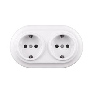 Imagine Elhard - Priză dublă ceramică retro pentru uz casnic, cu ramă SCHUKO, 230V, albă