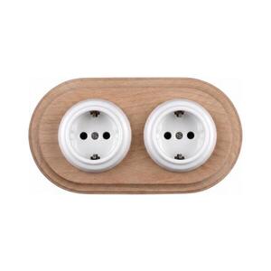 Imagine Elhard - Priză dublă ceramică retro pentru uz casnic cu ramă SCHUKO 230V, alb/lemn