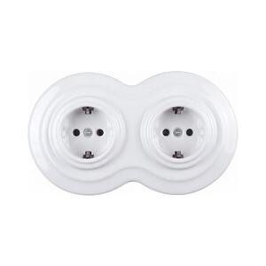 Imagine Elhard - Priză dublă retro din ceramică pentru uz casnic cu ramă SCHUKO 230V albă