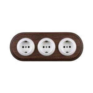 Imagine Elhard - Priză triplă ceramică retro pentru uz casnic, cu ramă SCHUKO 230V alb/lemn