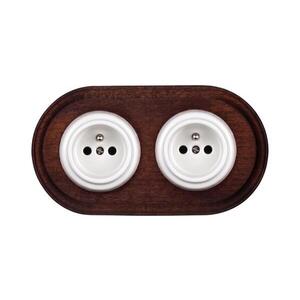 Imagine Elhard - Priză dublă ceramică retro pentru uz casnic, cu ramă, 230V, alb/lemn