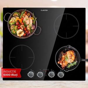 Imagine Klarstein Kochheld, plită cu inducție cu 4 zone, 6000 W, butoane rotative, sticla, negru