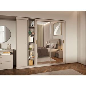 Imagine Dulap Haine Usi Glisante Oglinda Integral, Bej Casmir, 210 cm, Manere Metalice, Nara