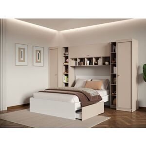 Imagine Set Mobila Dormitor pe Colt, Bej Casmir, pat incadrat, dulapuri si rafturi – Nara
