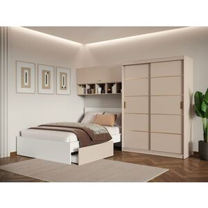 Imagine Set Mobila Dormitor pe Colt, Bej Casmir, cu Pat si Dulap cu Usi Glisante – Nara