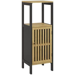 Imagine HOMCOM Dulap de Depozitare Îngust, Dulap de Baie Mic din Bambus cu Compartiment Deschis și Raft Reglabil, 32x30x90.5 cm, Negru | Aosom Romania