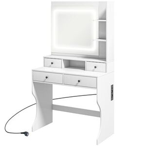 Imagine HOMCOM Masă de Toaletă cu Oglindă Iluminată LED, Masă de Machiaj cu Stație de Încărcare, 4 sertare și rafturi de depozitare, 90x45x160 cm, Alb