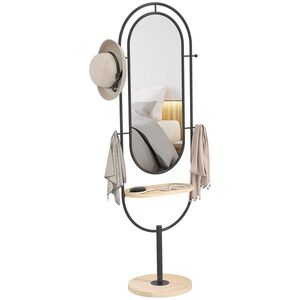 Imagine HOMCOM Oglindă de tip stand ovală cu suport de lemn, 4 cârlige și cadru metalic, 50 x 40 x 175, 5 cm, negru | Aosom Romania