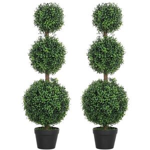 Imagine HOMCOM Lot de 2 arbori artificiali 101, 6 cm 3 bușoni de buxus topiaires plantă falsă verde PE cu ghiveci interior și exterior | Aosom Romania