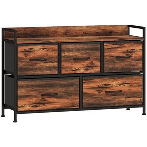 Imagine HOMCOM Comodă, mobilier de depozitare cu 5 sertare pliabile din țesătură, blat și cadru din oțel, 98 x 29 x 63 cm, maro rustic | Aosom Romania