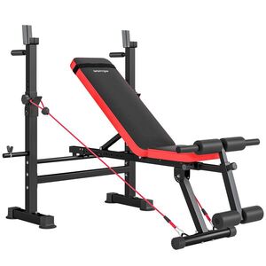 Imagine SPORTNOW Bancă Multifuncțională de Fitness cu Suport pentru Greutăți și Reglaje Ajustabile, Bancă de Greutăți cu Stație de Imersiuni, Extensie pentru Picioare, Abdomene, 2 Benzi, Capacitate 420kg, Antrenament acasă | Aosom Romania