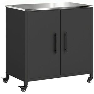Imagine Outsunny Dulap de grădină din metal, dulap de depozitare exterior, blat din oțel inoxidabil și roți, Negru | Aosom Romania