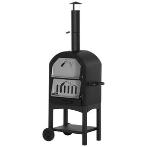 Imagine Outsunny Cuptor Portabil cu Cărbune pentru Pizza și Barbecue, Cuptor cu Lemne, Coș de Fum și Raft Inferior, 63x54x161 cm, Negru | Aosom Romania