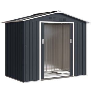 Imagine Outsunny Magazie de grădină metalică 2, 77 m², 213 x 130 x 185 cm cu fundație, uși culisante, gri închis | Aosom Romania