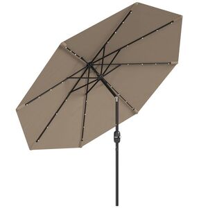 Imagine Umbrelă de grădină Ø265 cm cu 32 LED-uri solare, manivelă și tijă din oțel pentru patio terasă Outsunny, kaki | Aosom Romania