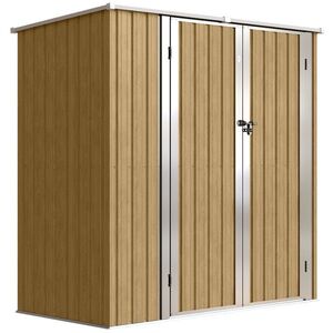 Imagine Outsunny Șopron metalic de grădină exterior 1, 37 m² 163x89x163 cm cu acoperiș înclinat, uși cu zăvor și mănuși maro | Aosom Romania