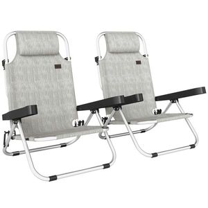 Imagine Set Outsunny 2 Șezlonguri Pliabile și Reclinabile pe 4 Poziții cu Suport pentru Cap, din Aluminiu, 62x61x80 cm, Gri | Aosom Romania