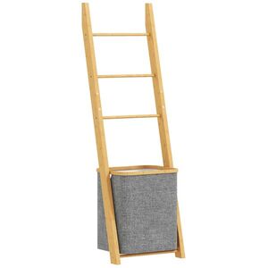 Imagine HOMCOM Suport prosoape din bambus cu coș de rufe, scară suport pentru prosoape cu 1 coș de rufe, 43 x 35 x 133 cm, gri | Aosom Romania