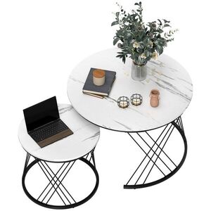 Imagine HOMCOM Mese de cafea în set de 2 bucăți, aspect marmură, plăci de particule, metal, mese de cafea rotunde pentru living, plasabile unul în altul, Alb | Aosom Romania