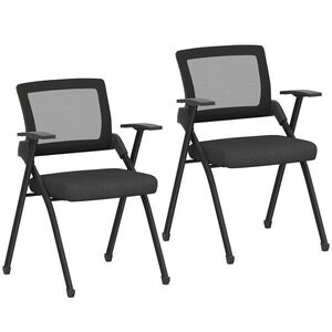 Imagine HOMCOM Set de 2 Scaune Pliabile în Material Textil cu Efect de In cu Spătar Curbat și Brațe, Scaune Portabile Salvaspațiu din Oțel, pentru Casă, Birou, Bucătărie, Evenimente, 61x56x84 cm, Negru | Aosom Romania