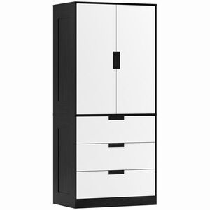 Imagine HOMCOM Dulap pentru Dormitor cu 2 Uși cu Închidere Amortizată, 3 Sertare, PAL, 80x50x180 cm, Alb și Negru | Aosom Romania