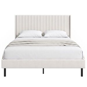 Imagine HOMCOM Cadru de pat 140 x 200 cm cu tăblie reglabilă, pat tapițat cu 12 lamele, bej | Aosom Romania