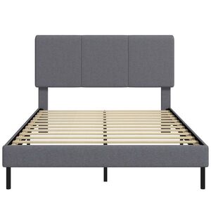 Imagine HOMCOM Cadru de pat 140 x 200 cm cu tăblie reglabilă, pat căptușit cu aspect de in cu 12 lamele | Aosom Romania