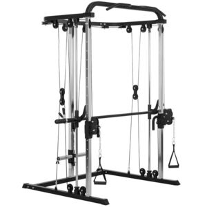 Imagine SPORTNOW Stație multifuncțională fitness 3 în 1 cu sistem reglabil de cabluri încrucișate, suport reglabil pentru genuflexiuni, bară pentru halteră, bară de tracțiuni | Aosom Romania