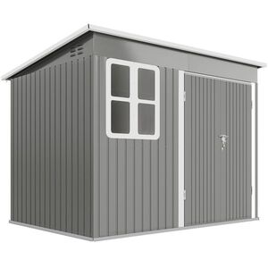 Imagine Outsunny Căsuță de grădină 4, 13 m² din oțel galvanizat cu kit de fundație, acoperiș înclinat, ușă dublă cu încuietoare, orificii de aerisire, fereastră, gri | Aosom Romania
