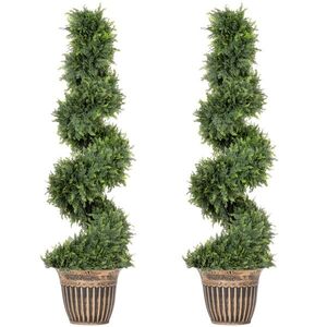 Imagine HOMCOM Set 2 Chiparoși Artificiali Spiralați 120 cm cu Ghiveci, pentru Decor Interior și Exterior, Verde | Aosom Romania